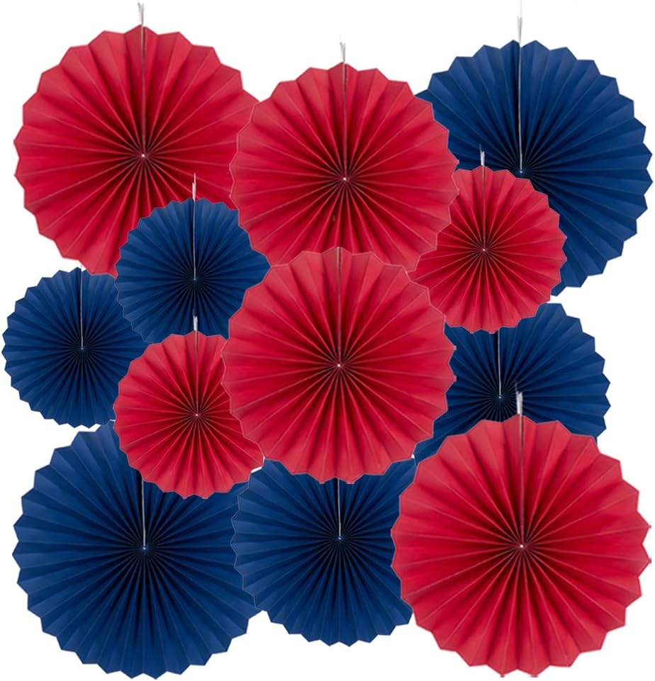 Royal Blue and Red Paper Fans 12pc Party Decor