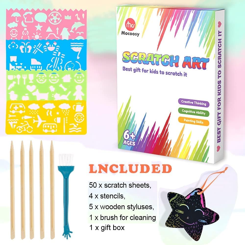 Mocoosy 60 Pcs Rainbow Scratch Art Paper for Kids
