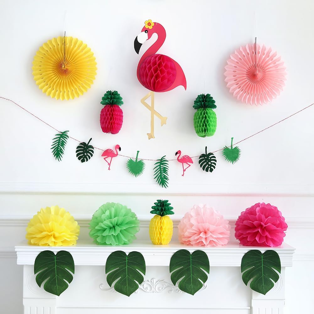 Hawaiian Tropical Party Decor Set with Pom Poms and Fans