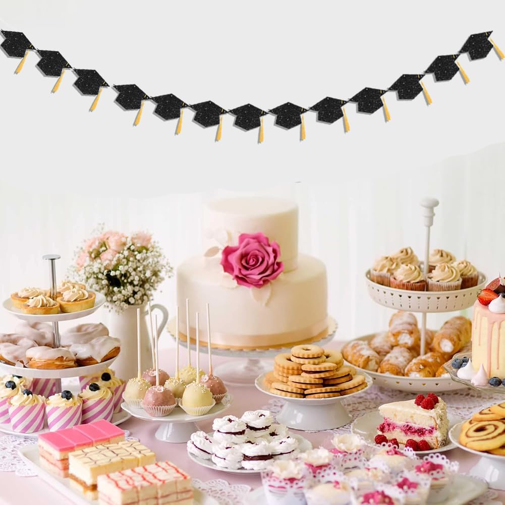 2025 Graduation Decor Banners with Black Glitter Hats and Tassels