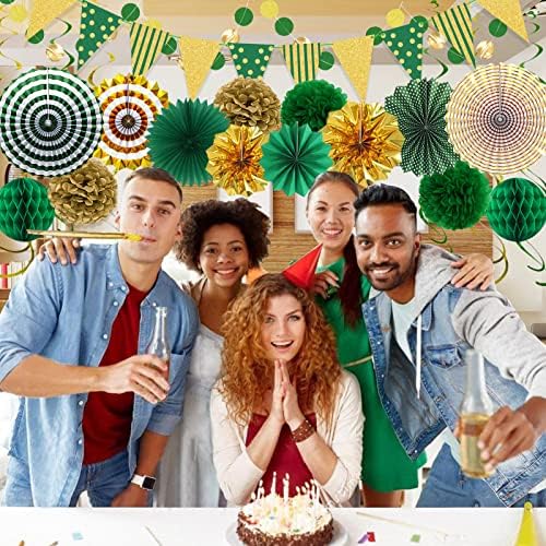 Green Gold Party Decorations Set with Fans and Flags