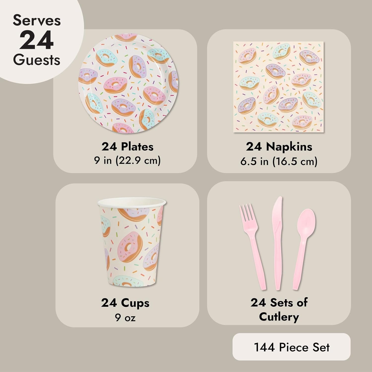 144 Piece Donut Themed Party Supplies for 24 Guests
