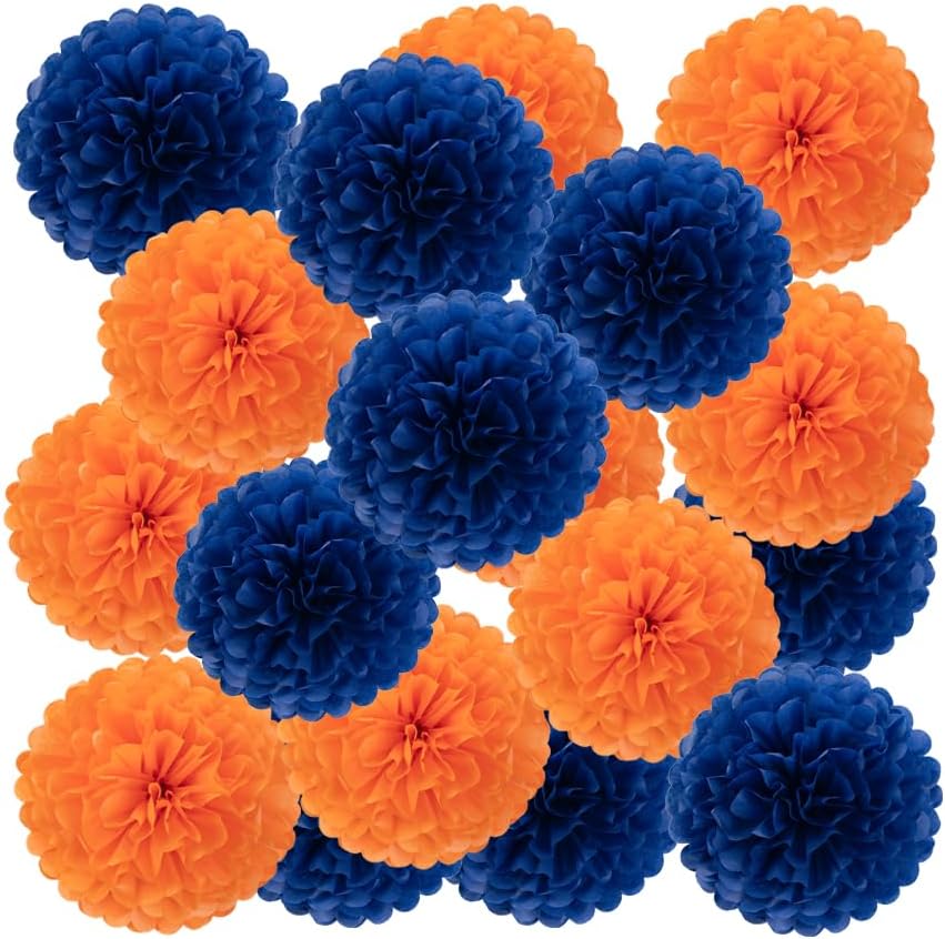 MISU 10 Inch Orange Navy Blue Tissue Paper Pom Poms