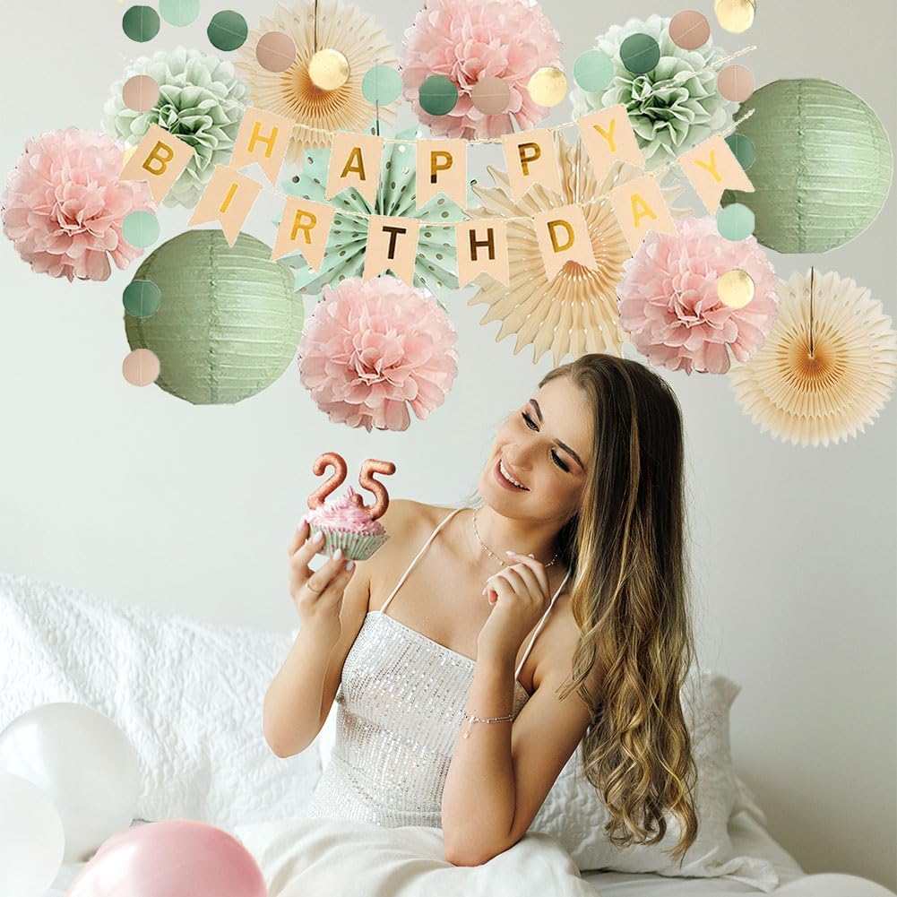 Sage Green and Pink Birthday Decorations Kit