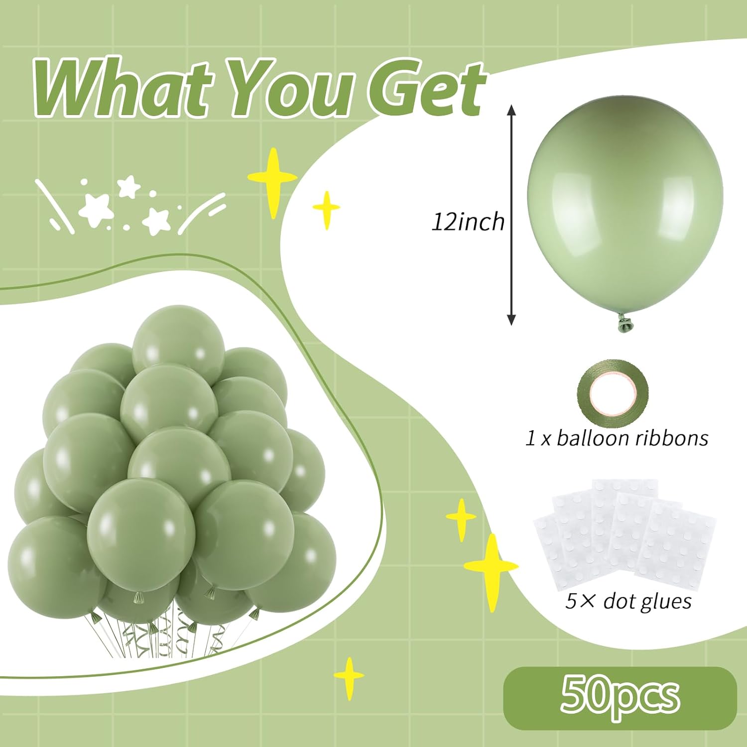 50pcs Sage Green Balloons with Ribbon and Glue