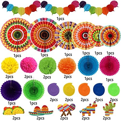 ZERODECO Fiesta Party Decor Kit with Fans Pom Poms Garland
