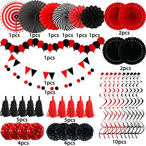 ZERODECO Black and Red Tissue Pom Poms Garland Decor