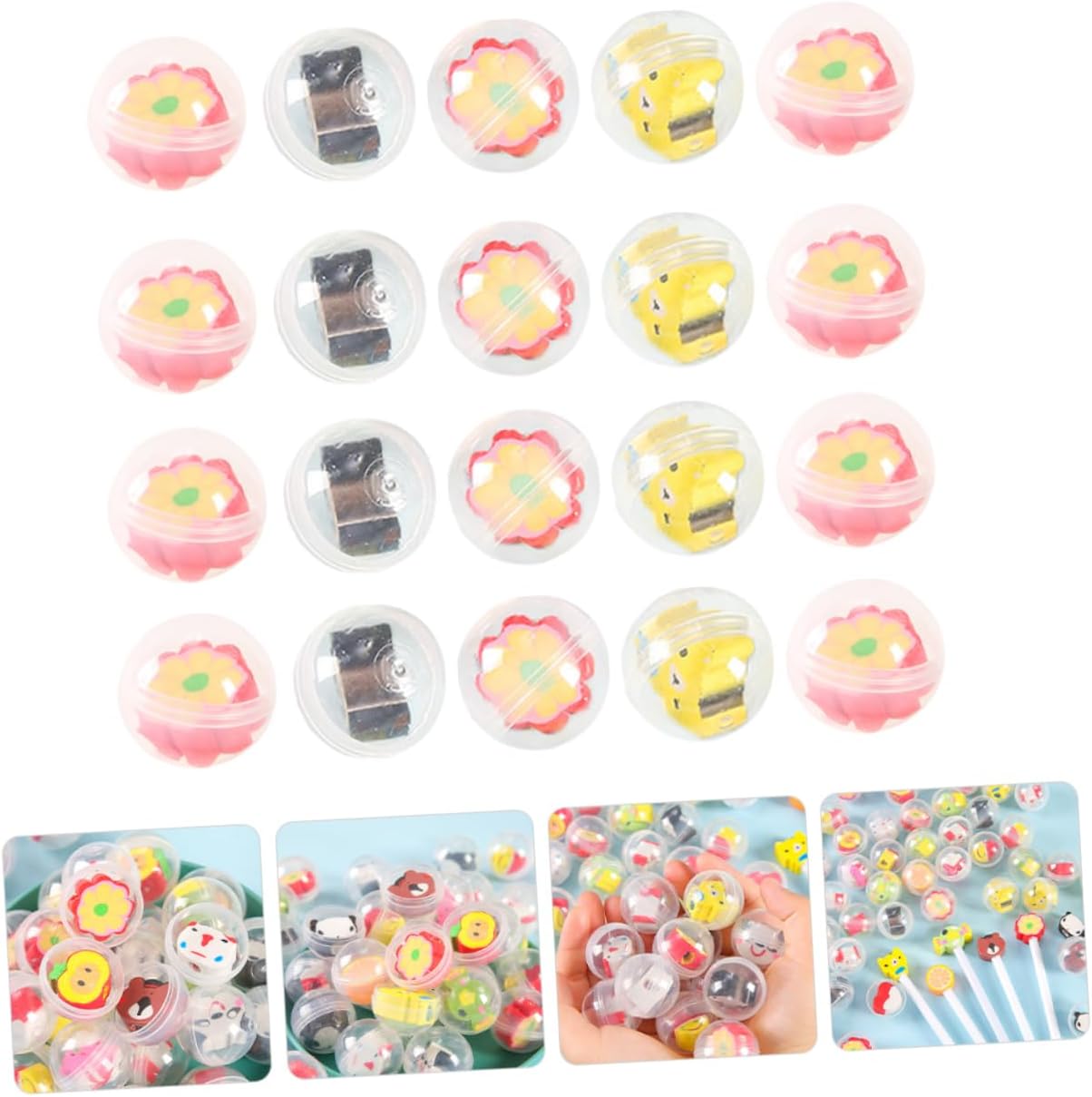 20 Pcs Refillable Capsules with Cute Pencil Topper Erasers
