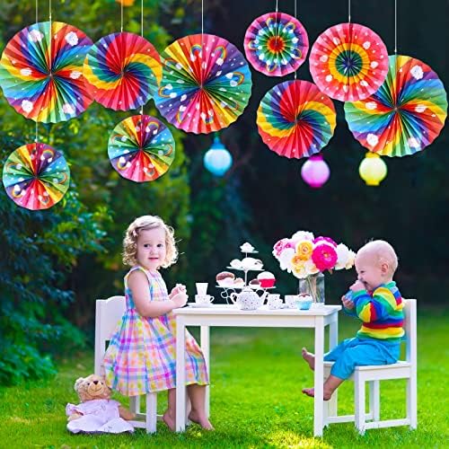 Outus 9 Pcs Rainbow Party Decor Paper Fans