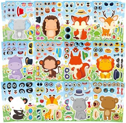 24 Sheet Face Stickers with 12 Animal Designs for Kids