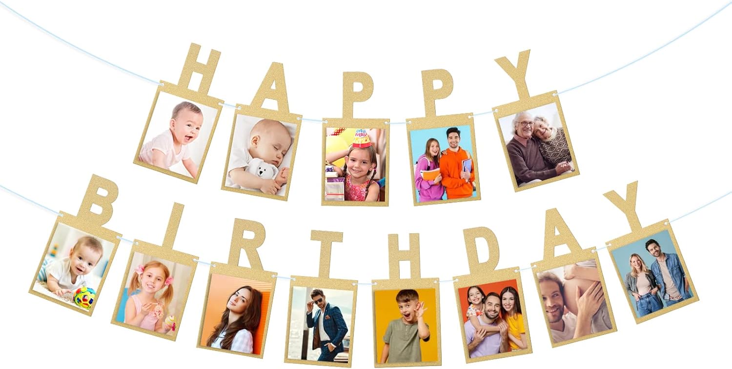 Golden Happy Birthday Photo Banner for Kids and Adults