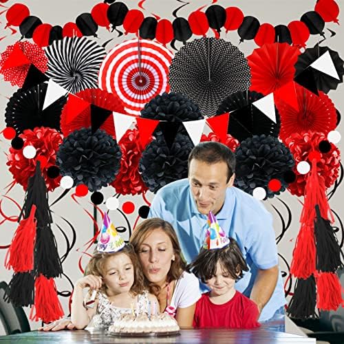 ZERODECO Black and Red Tissue Pom Poms Garland Decor