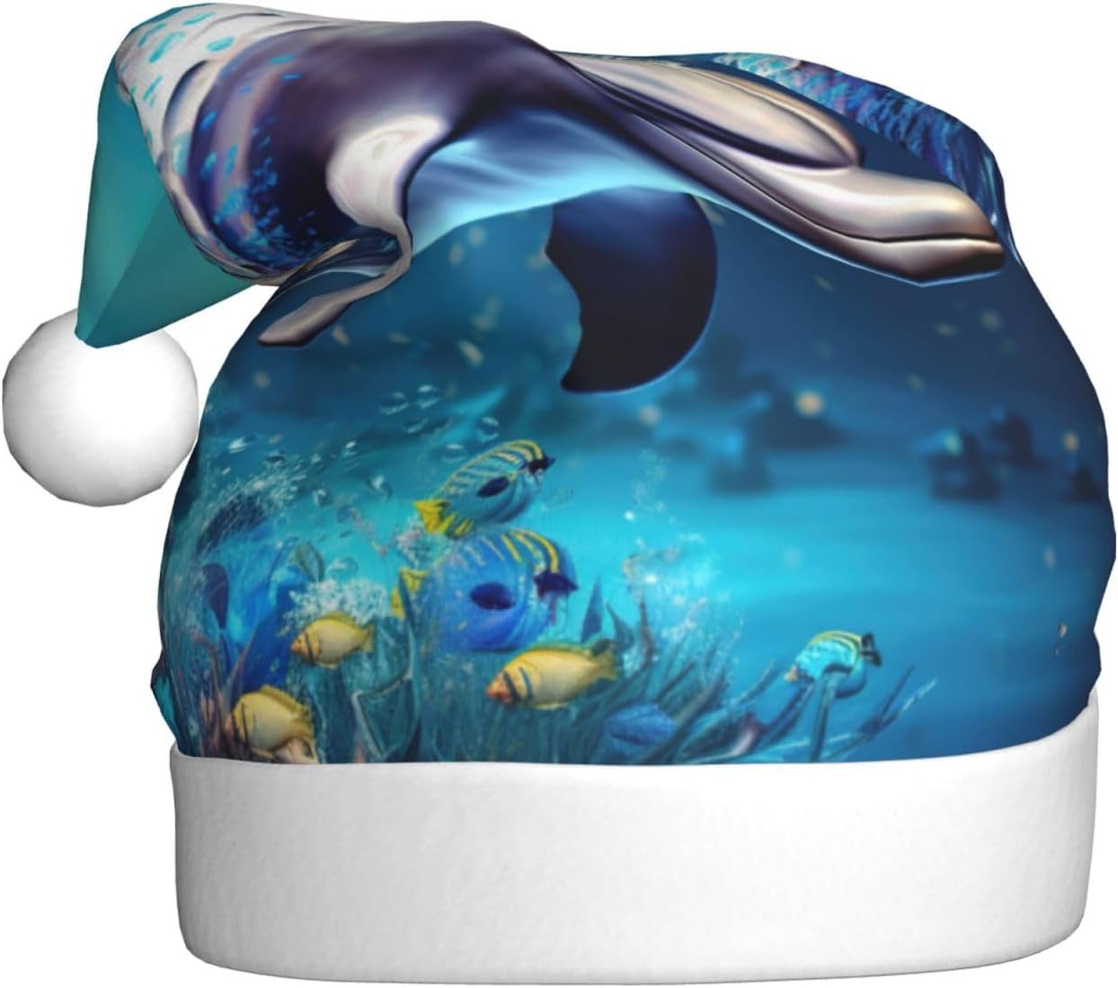 Unique 3D Dolphin Print Christmas Santa Hat Plush for Adult