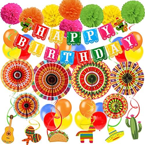Fiesta Birthday Decor Set with Balloons and Pompoms