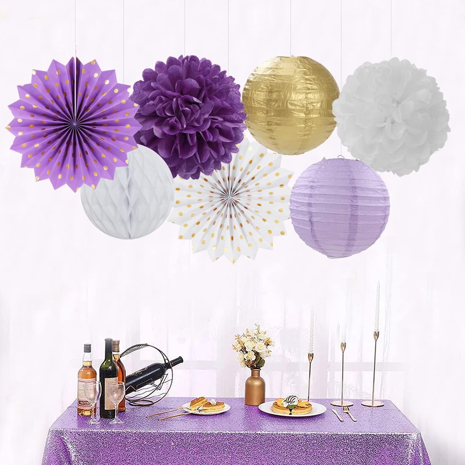 Purple Gold Party Decorations Streamers Lanterns - 14pcs