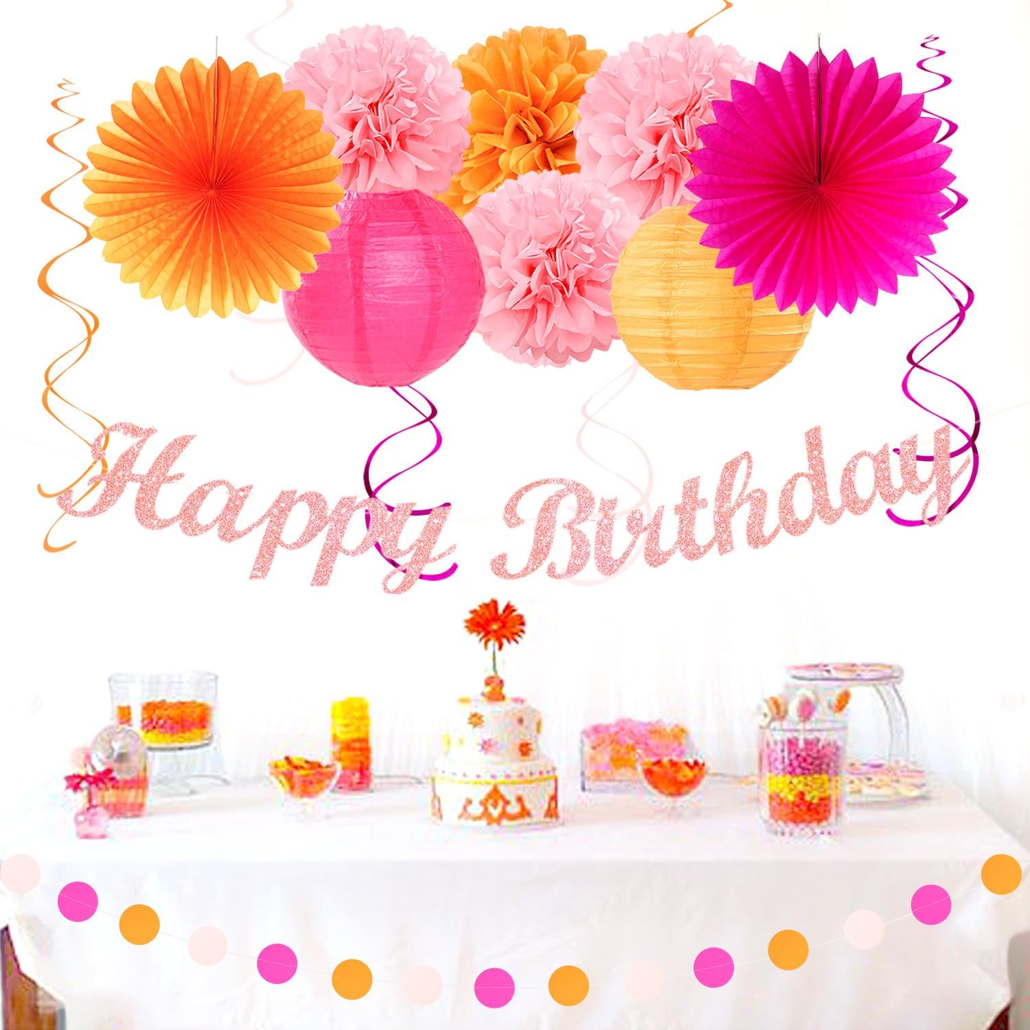 Hot Pink Orange Birthday Decor Kit - 31pcs Boho Party Supplies