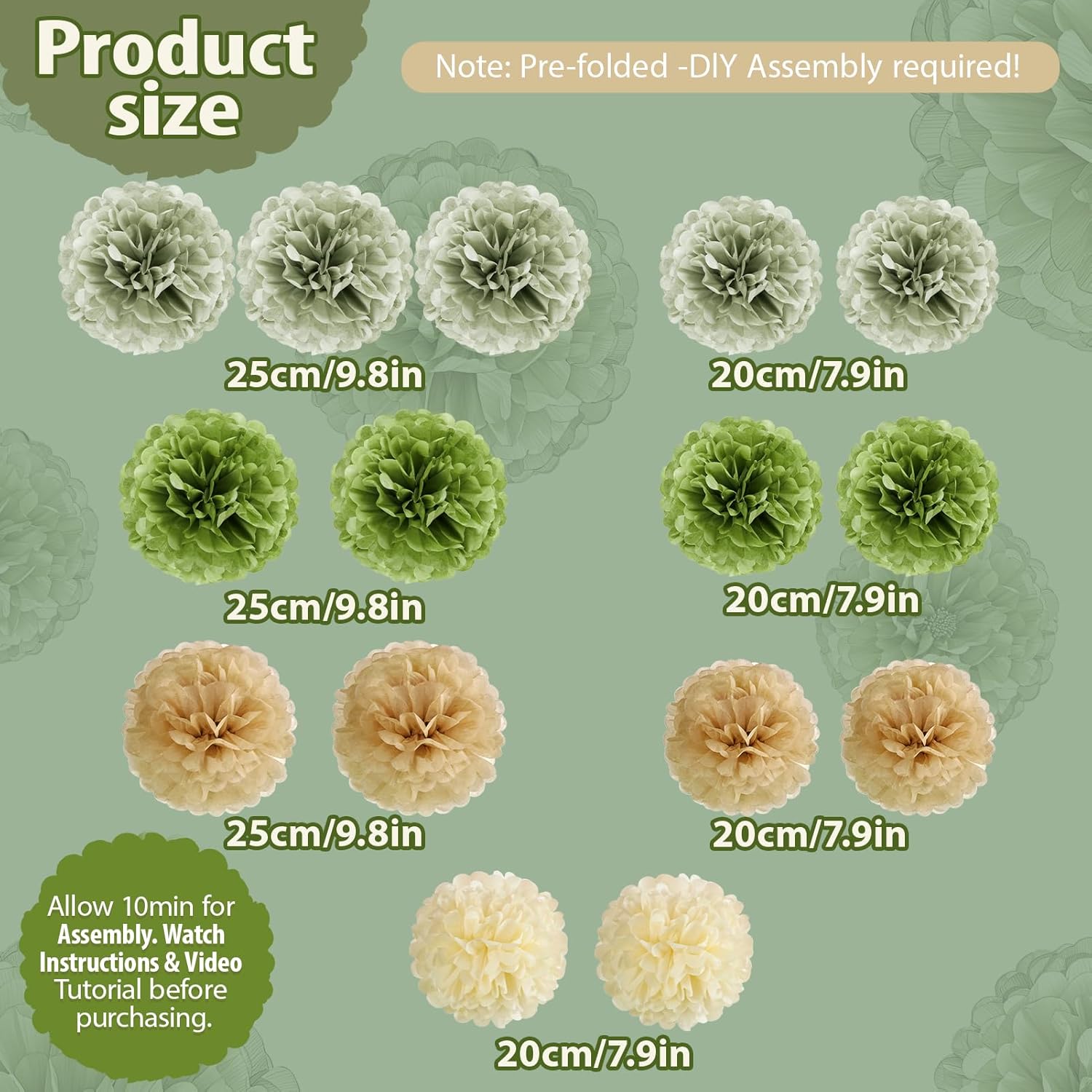 Sage Green Tissue Paper Pom Poms 15PCS Decor Set