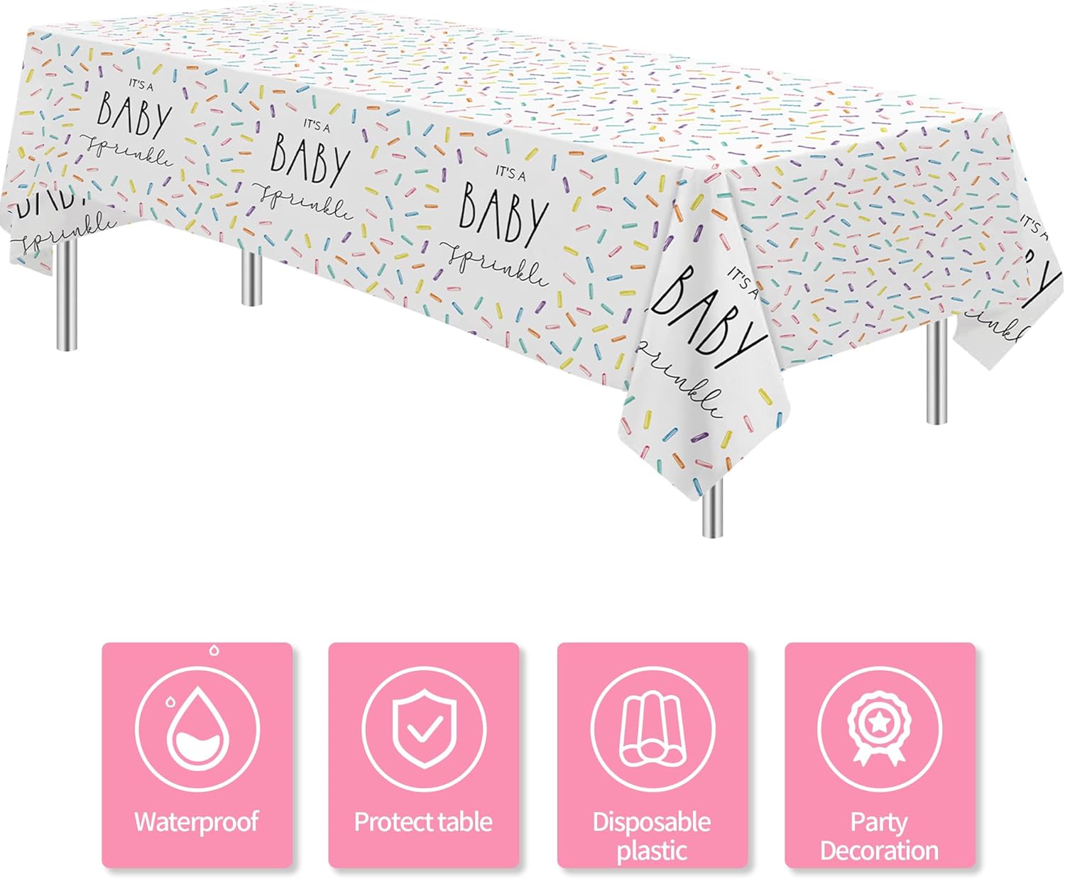 Sprinkle Baby Shower Tablecloth 3 Pack - 86x55in Rainbow Confetti Decor