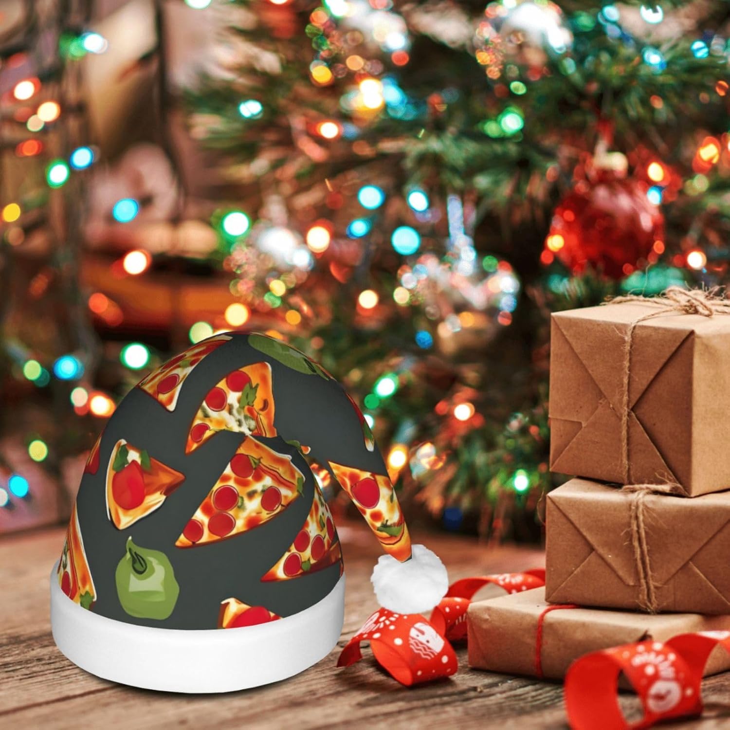 QinZheng LED Pizza Pattern Santa Hat Christmas Decor