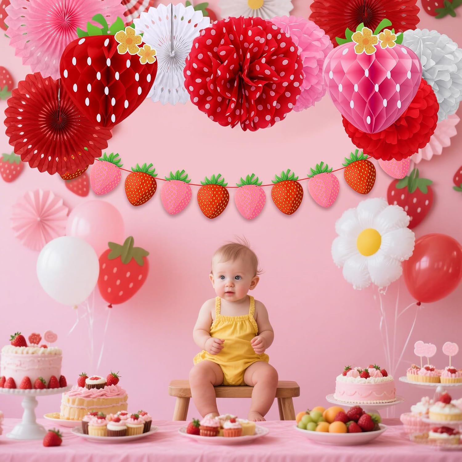 15 Pcs Strawberry Paper Fan Tissue Pom Poms Party Decorations