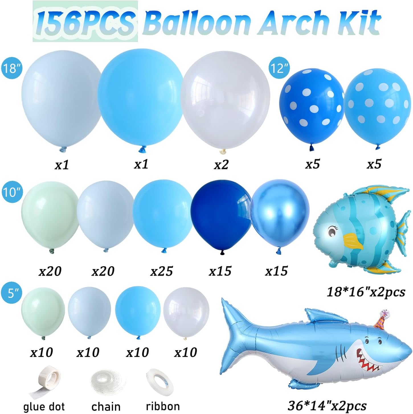 Under the Sea Party Decorations 156Pcs Shark Balloon Arch Kit