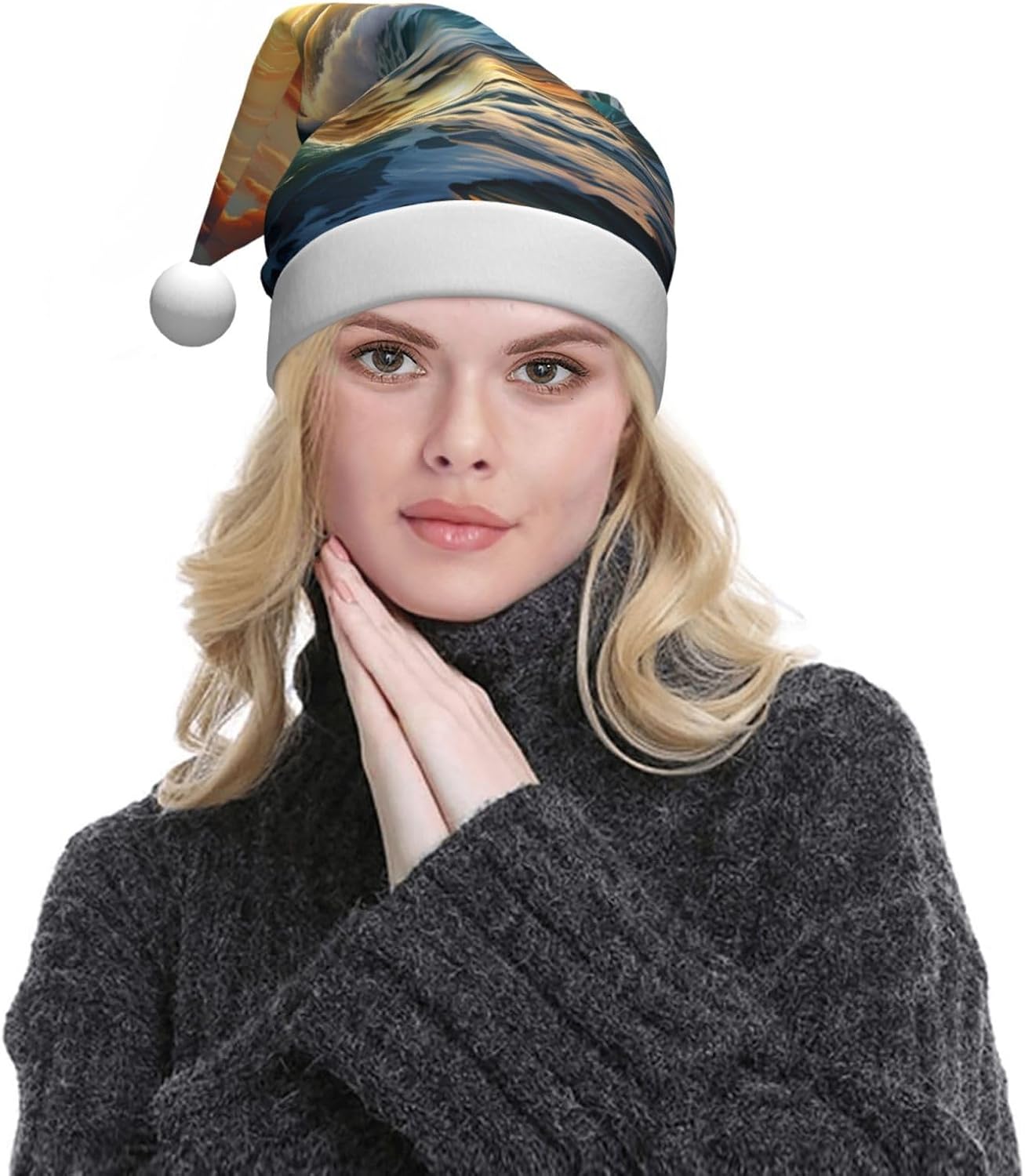Ocean Sunset Print Christmas Santa Hat Plush Funny Adult Headwear