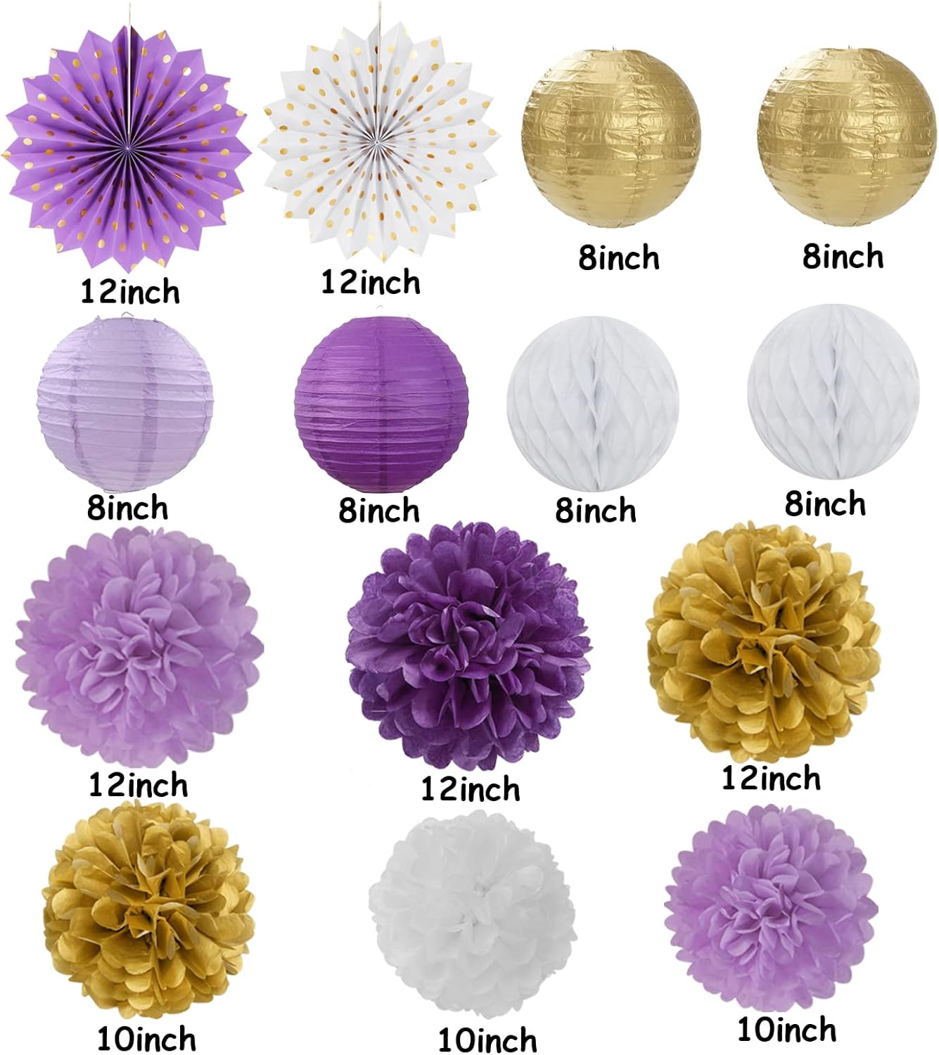 Purple Gold Party Decorations Streamers Lanterns - 14pcs
