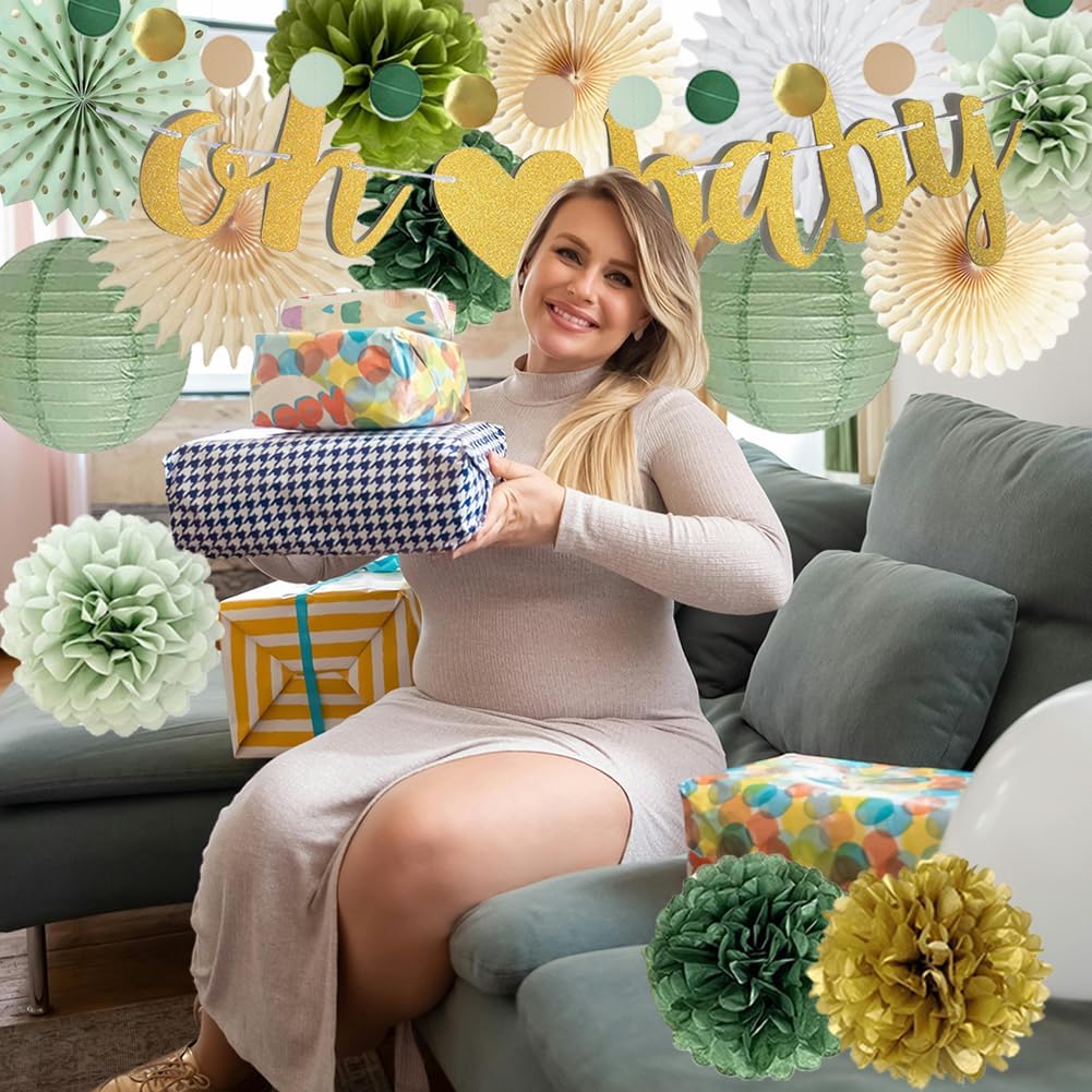 Sage Green Baby Shower Decorations with Gold and Olive Accents