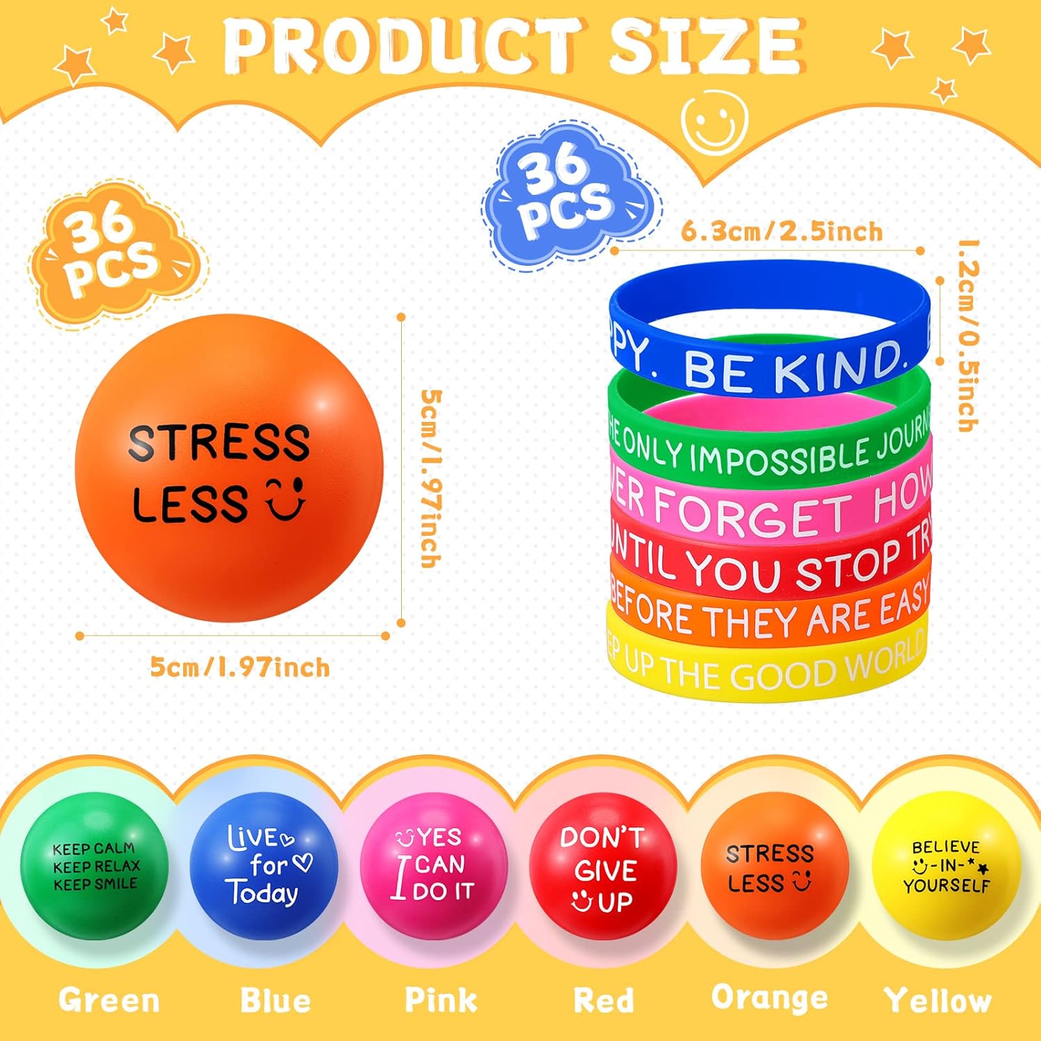 HyDren 72 Pcs Stress Relief Balls and Silicone Bracelets Set