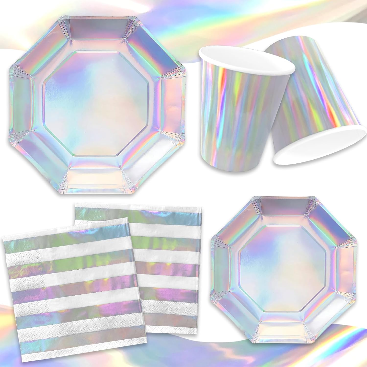 Iridescent Party Supplies Set of 25 Plates Cups Napkins Tablecloth Banner