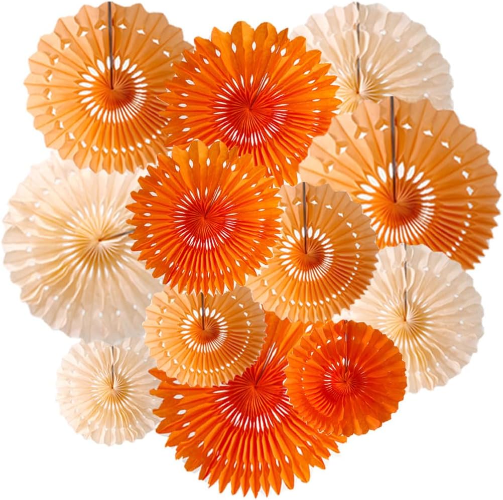 Orange Paper Honeycomb Fans Decor Kit 12pcs