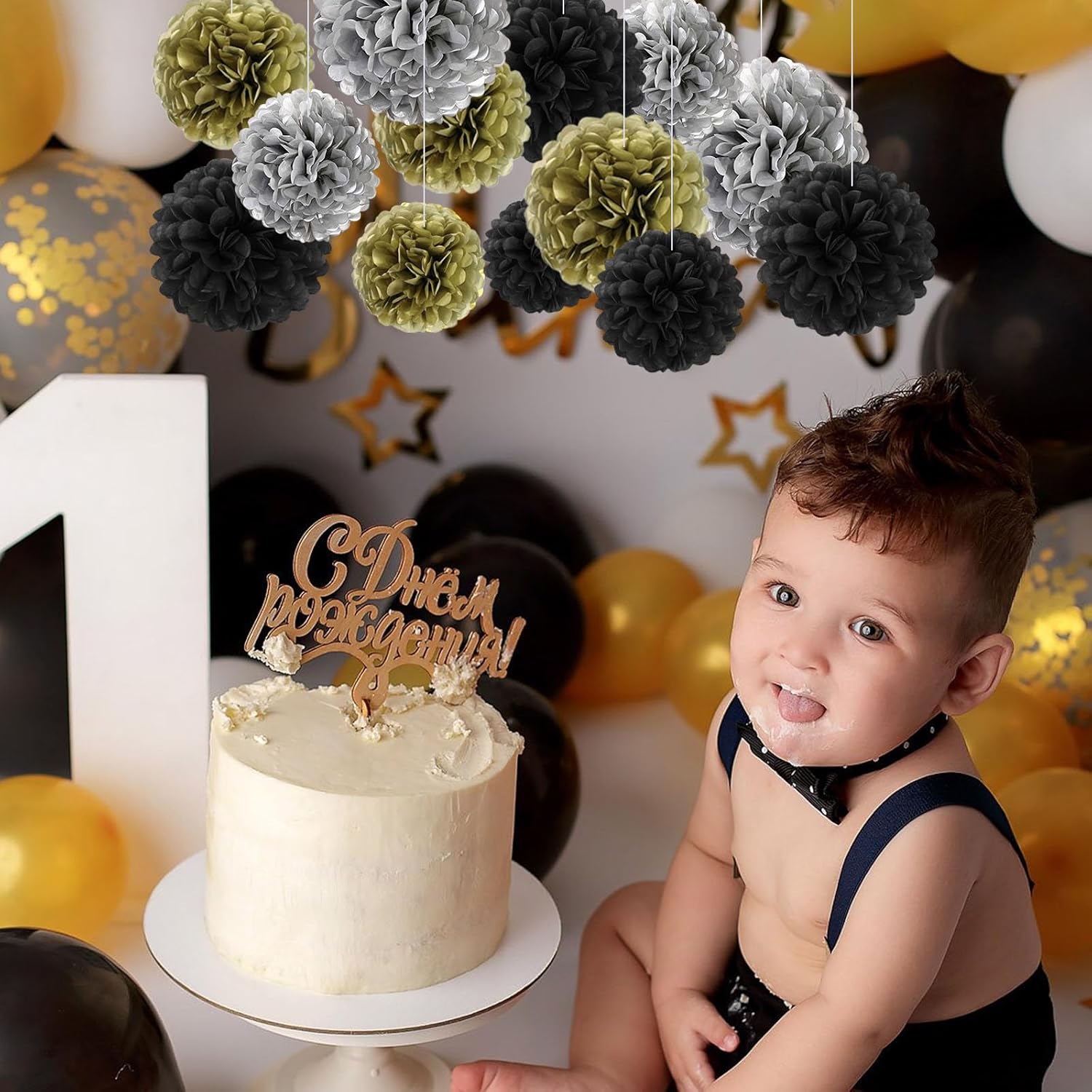 18 PCS Tissue Paper Pom Poms Decor Black Gold Silver