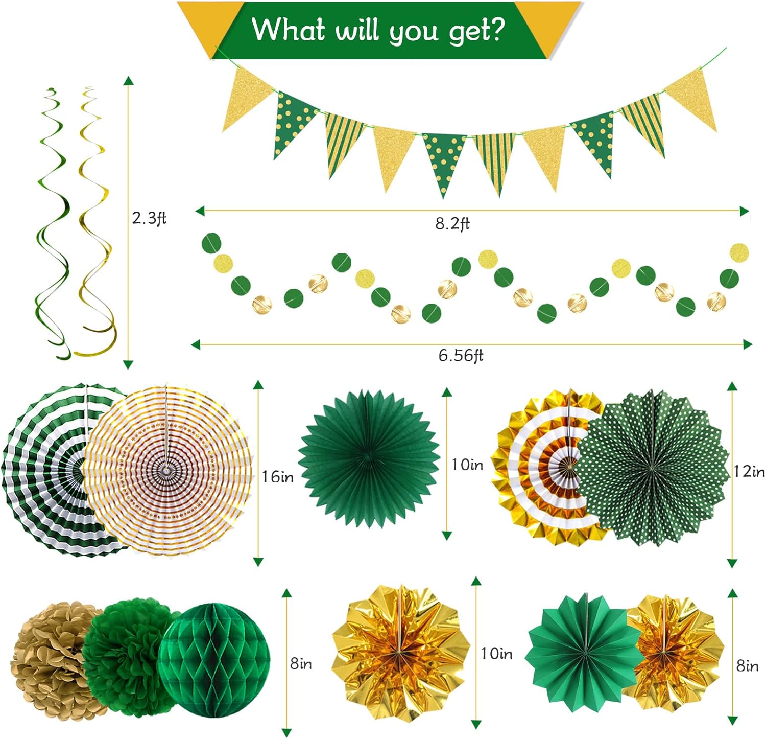 Green Gold Party Decorations Set with Fans and Flags
