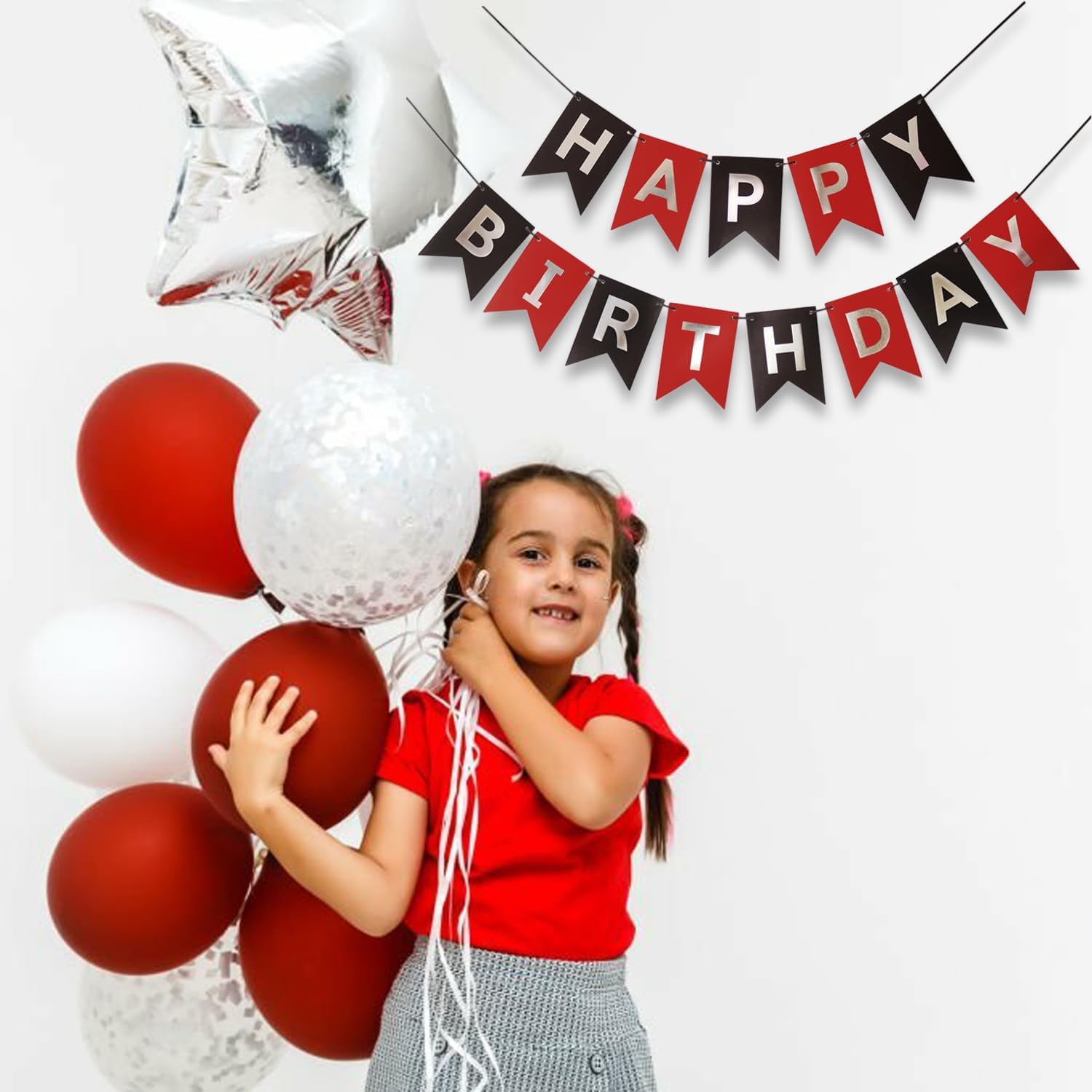 Red Silver Black Happy Birthday Banner Decor
