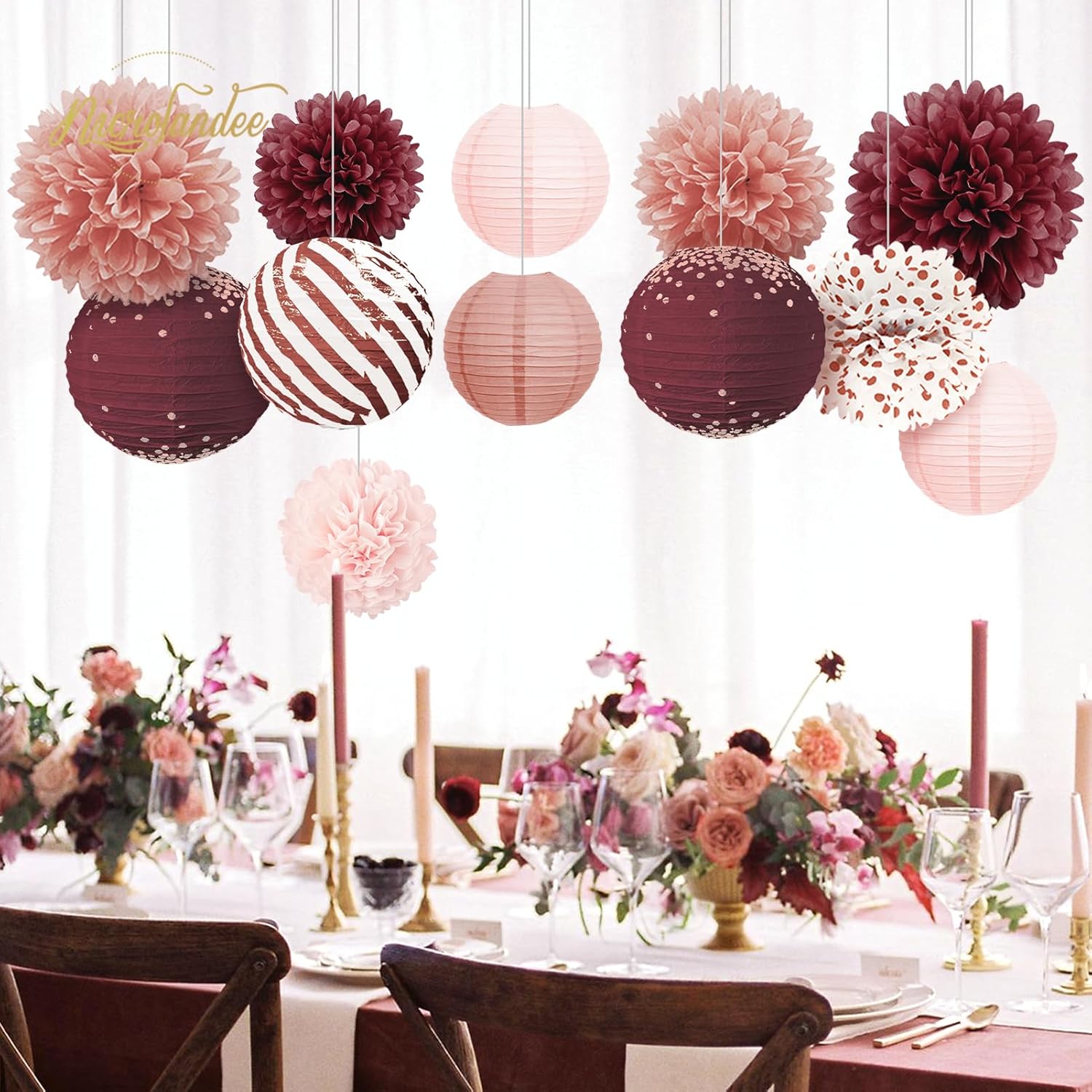 NICROLANDEE Burgundy Party Decor 12PCS Tissue Pom Poms and Lanterns