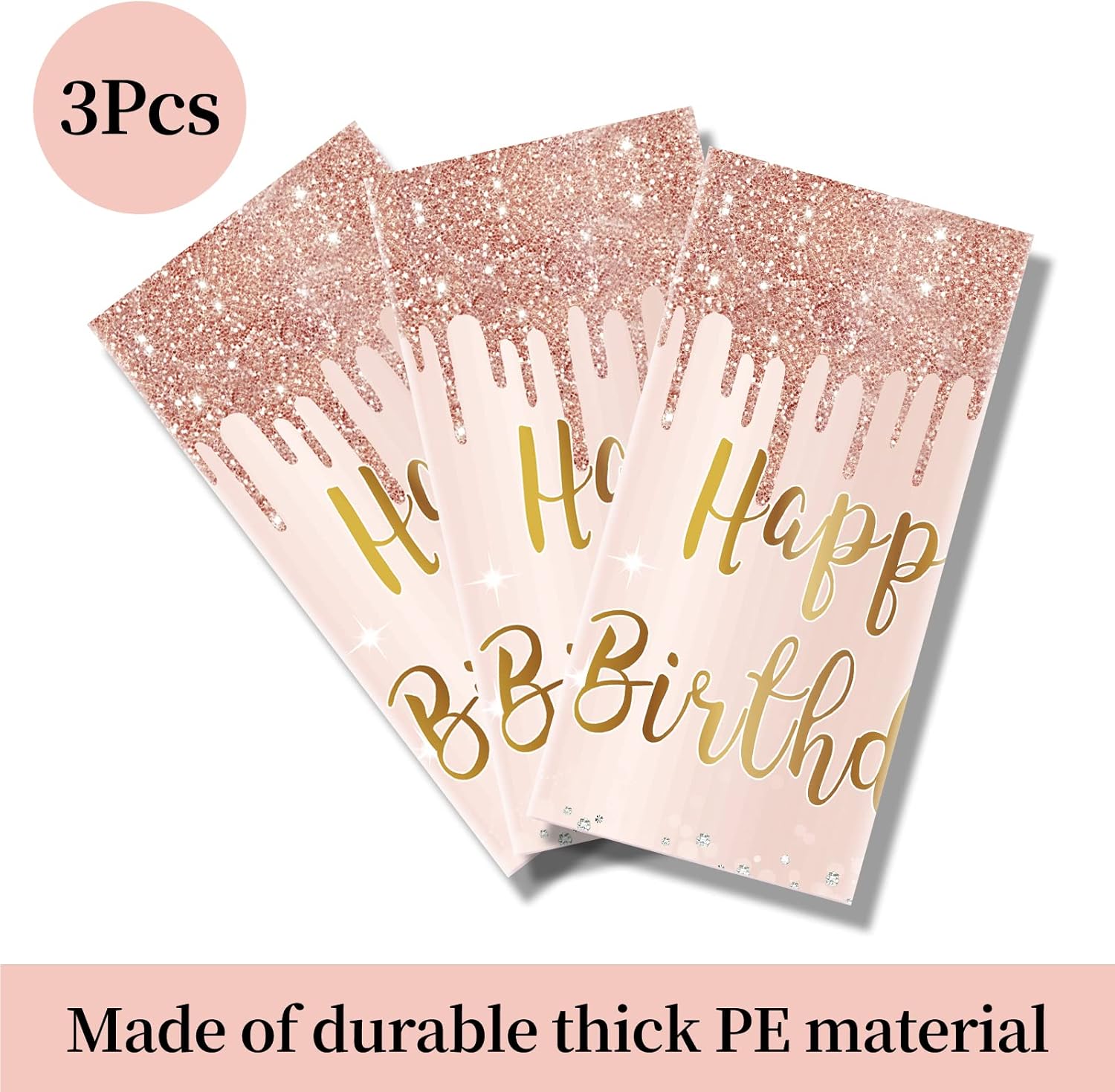 3 Pcs Pink Rose Gold Happy Birthday Table Cover Decorations