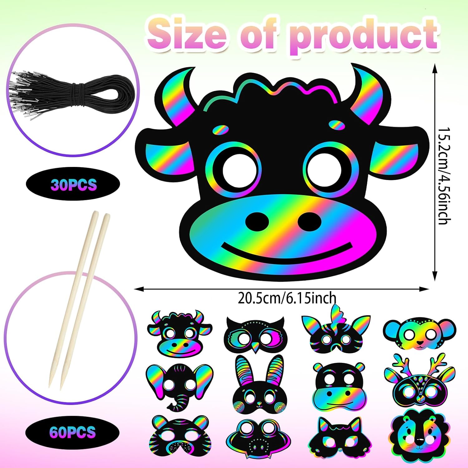 Realspring 60 Pcs Safari Animal Scratch Paper Mask DIY Kit