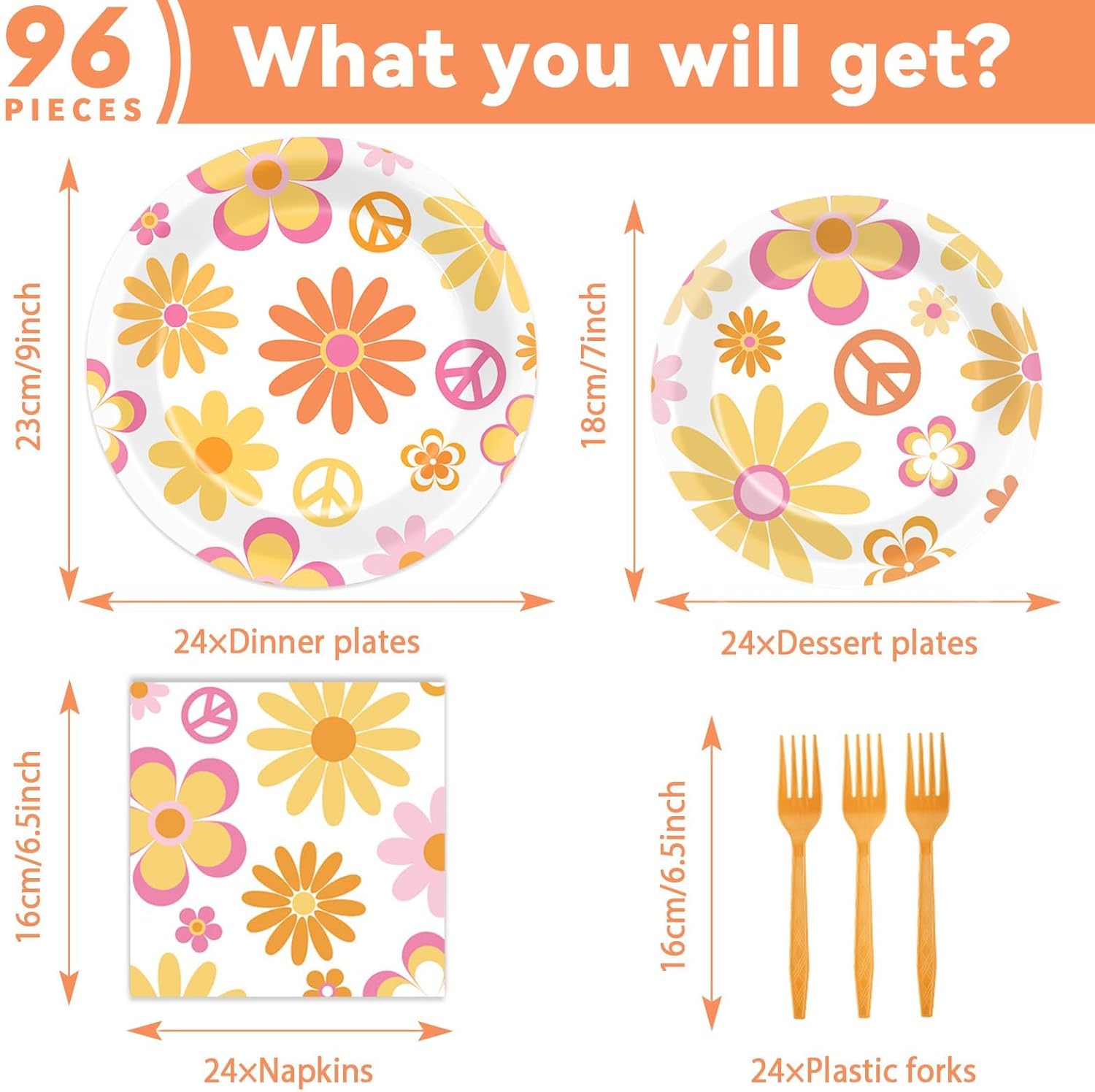 96 Pcs Retro Daisy Flower Party Supplies for 24 Guests