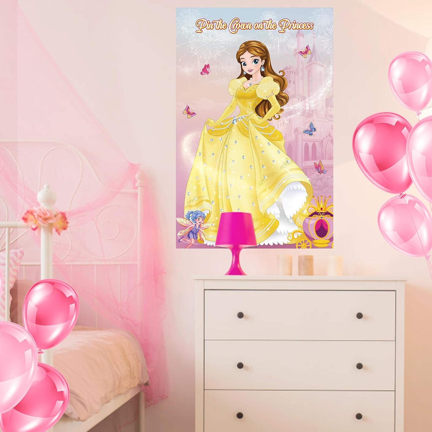 Pin The Crown on The Princess Party Game with Belle Poster and Stickers