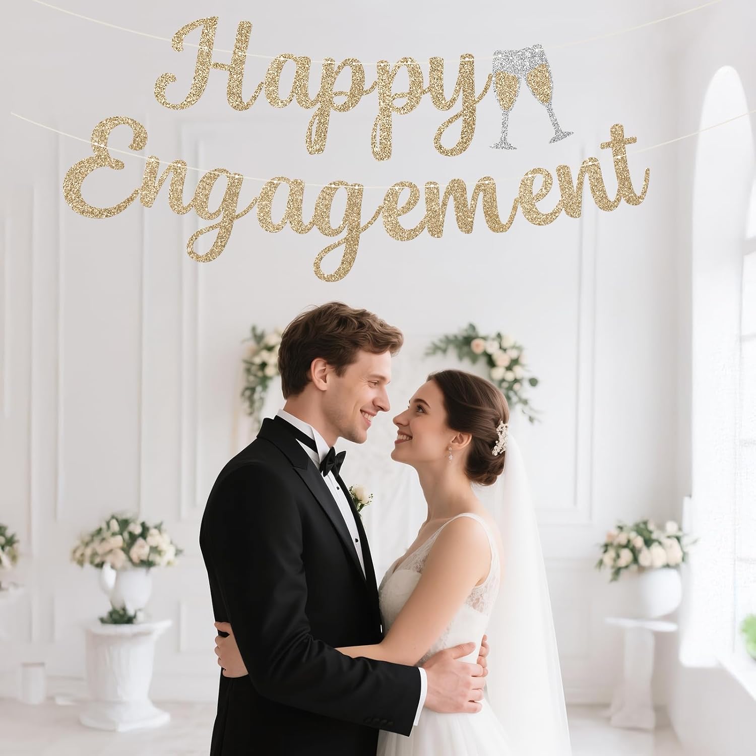 Pre-Strung Happy Engagement Banner - Gold Glitter Wedding Decor