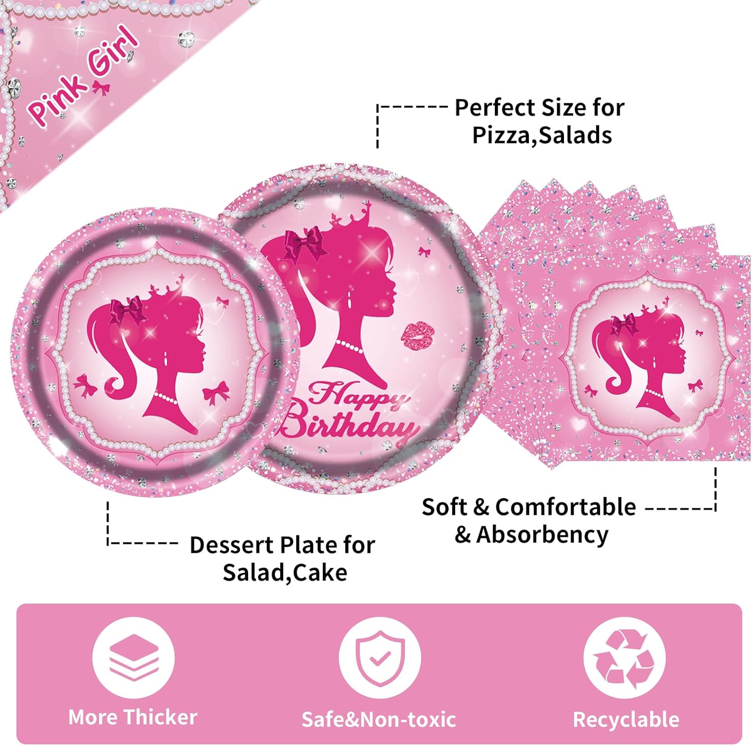 Pink Princess Party Plates Set for 25 Guests