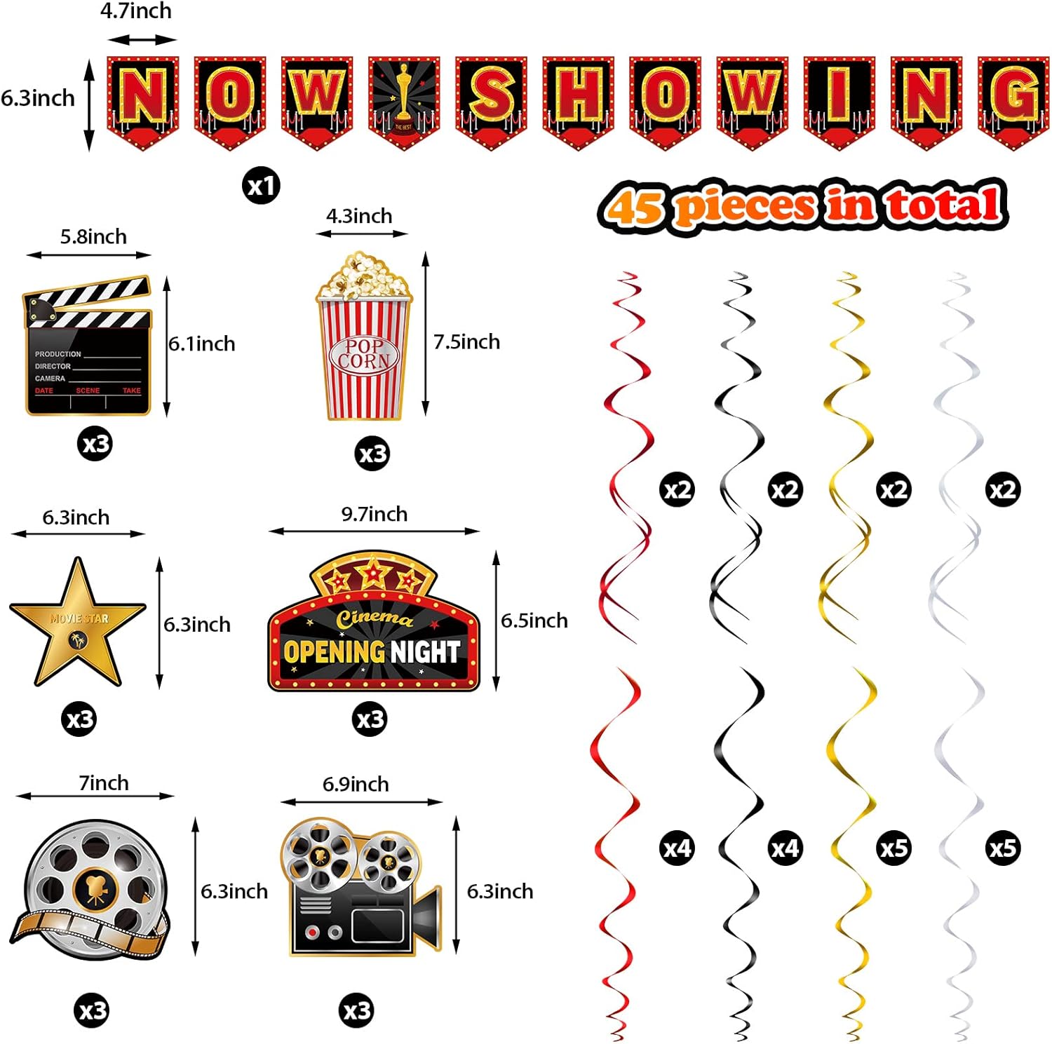 45 Piece Movie Night Decor Kit with Banner and Swirls