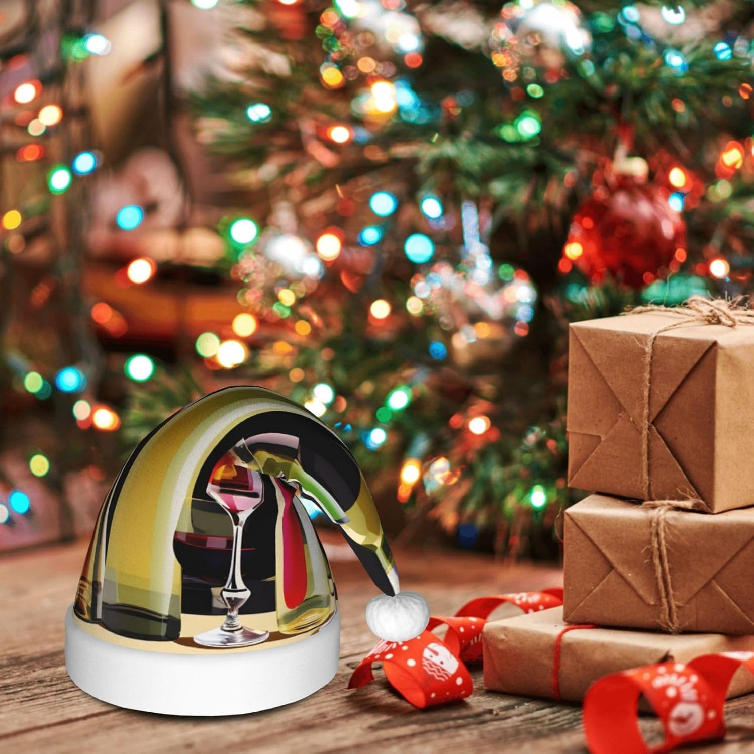 QinZheng Personalized Santa Hat with Cocktail Glasses and Wine Bottles Print