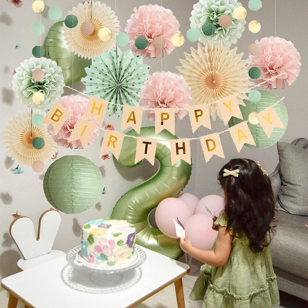 Sage Green and Pink Birthday Decorations Kit