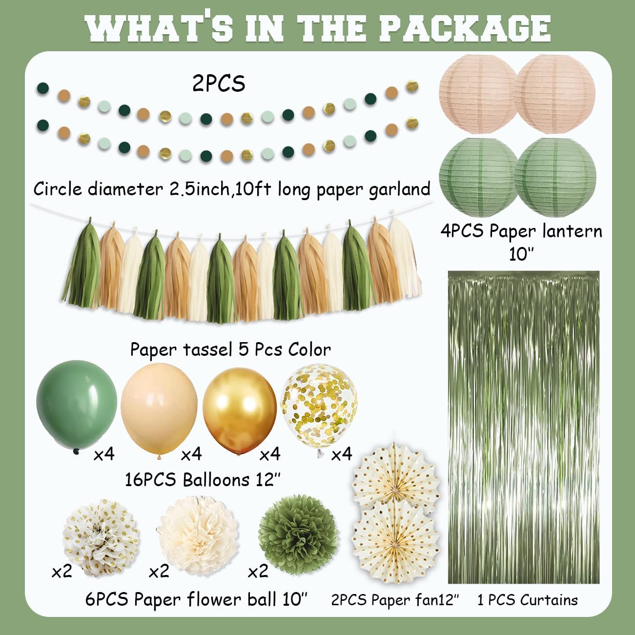 Sage Green Gold Party Decorations 45Pcs Kit