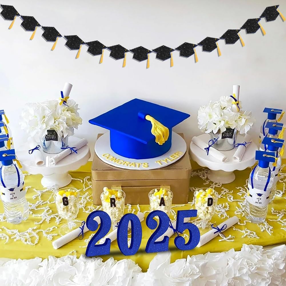 2025 Graduation Decor Banners with Black Glitter Hats and Tassels
