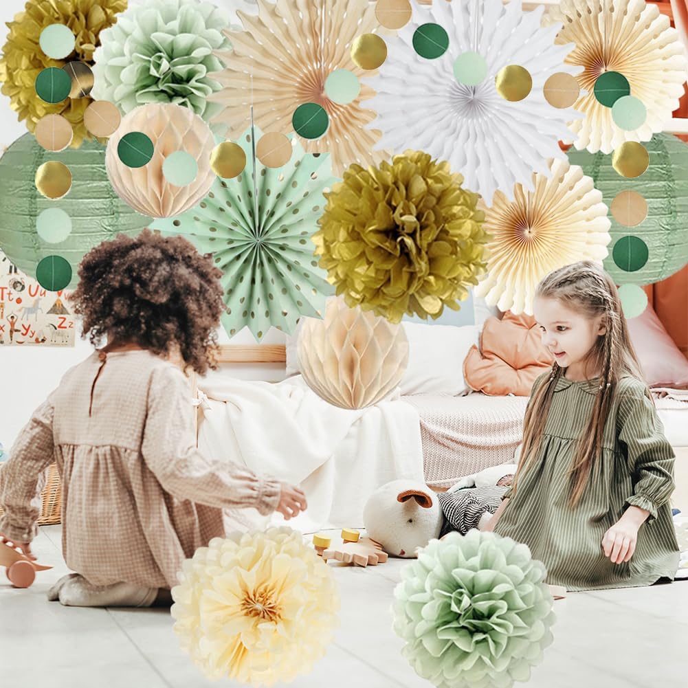 Sage Green Party Decorations with Gold and Beige