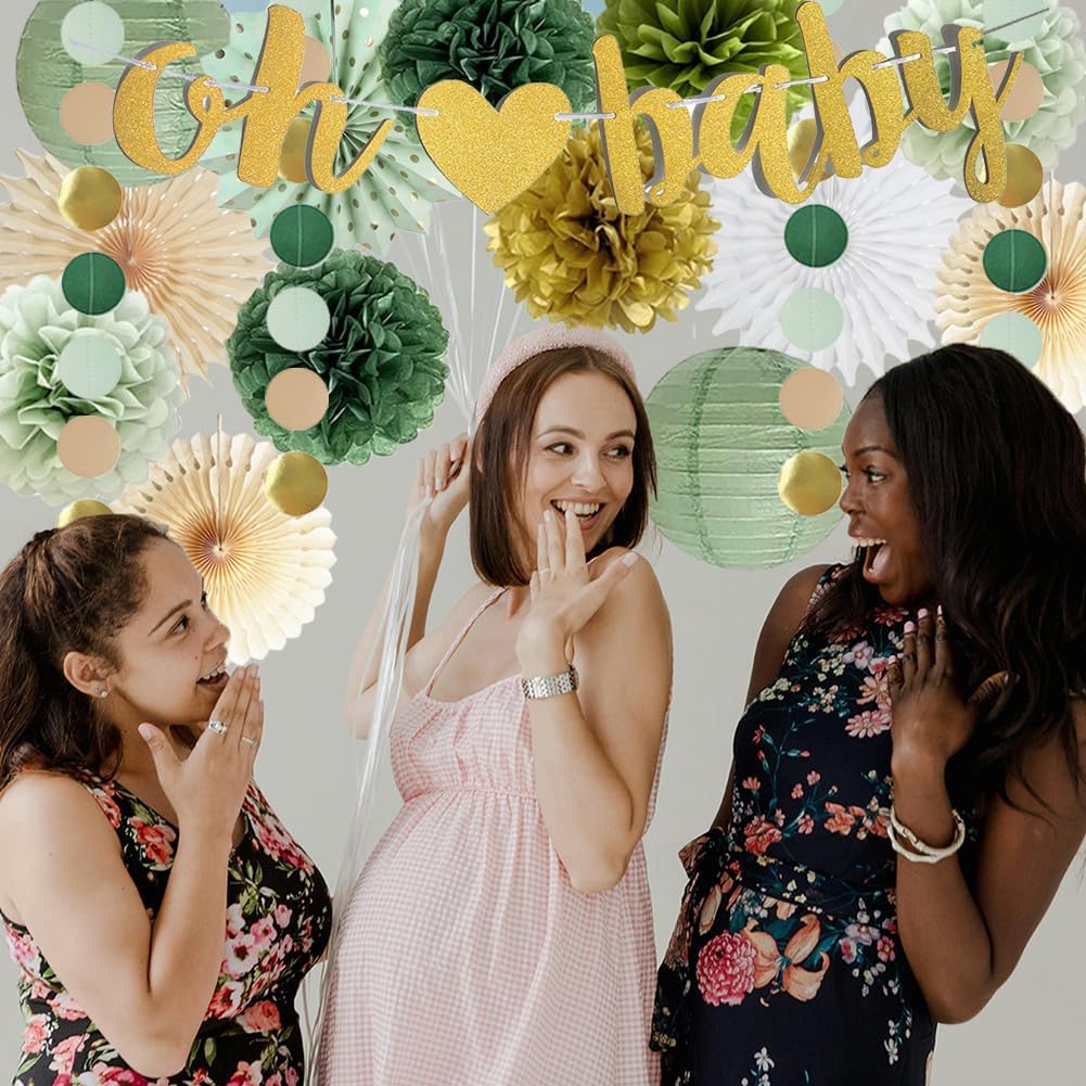 Sage Green Baby Shower Decorations with Gold and Olive Accents