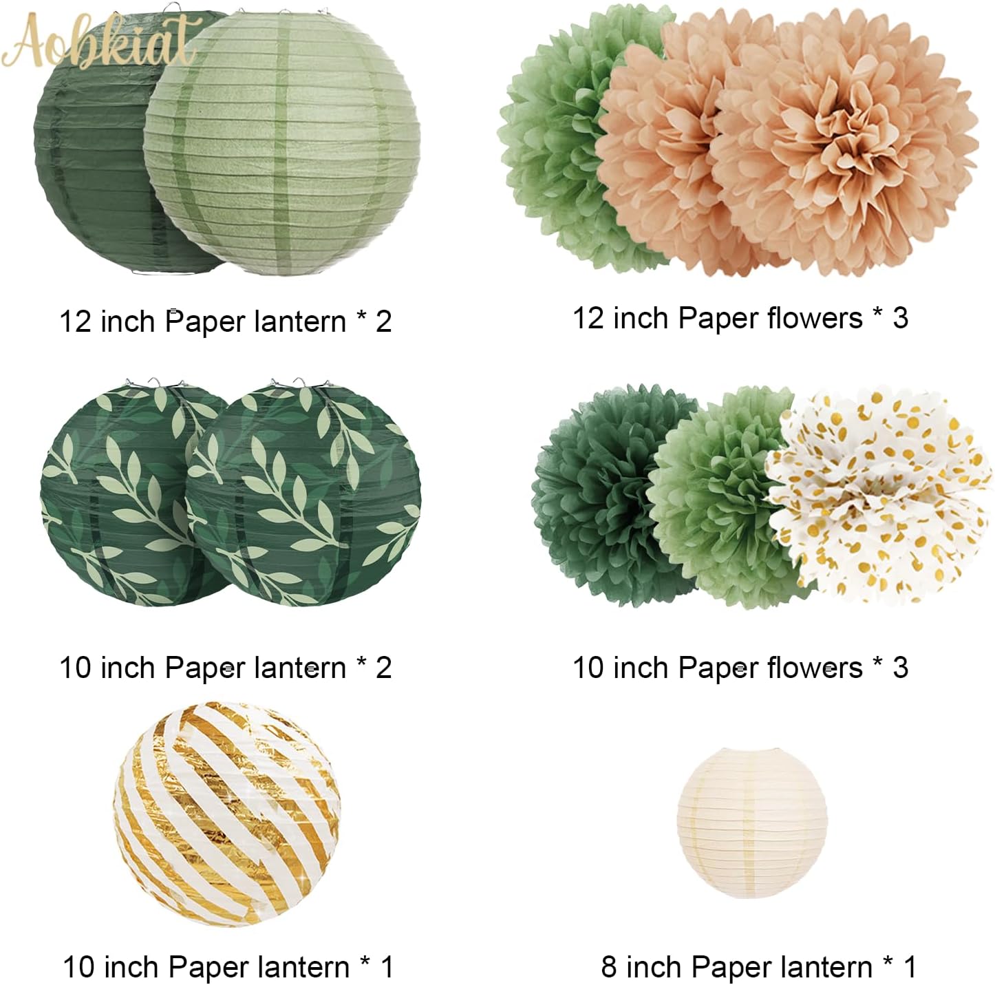 AOBKIAT 12PCS Olive Green Sage Paper Lanterns Set
