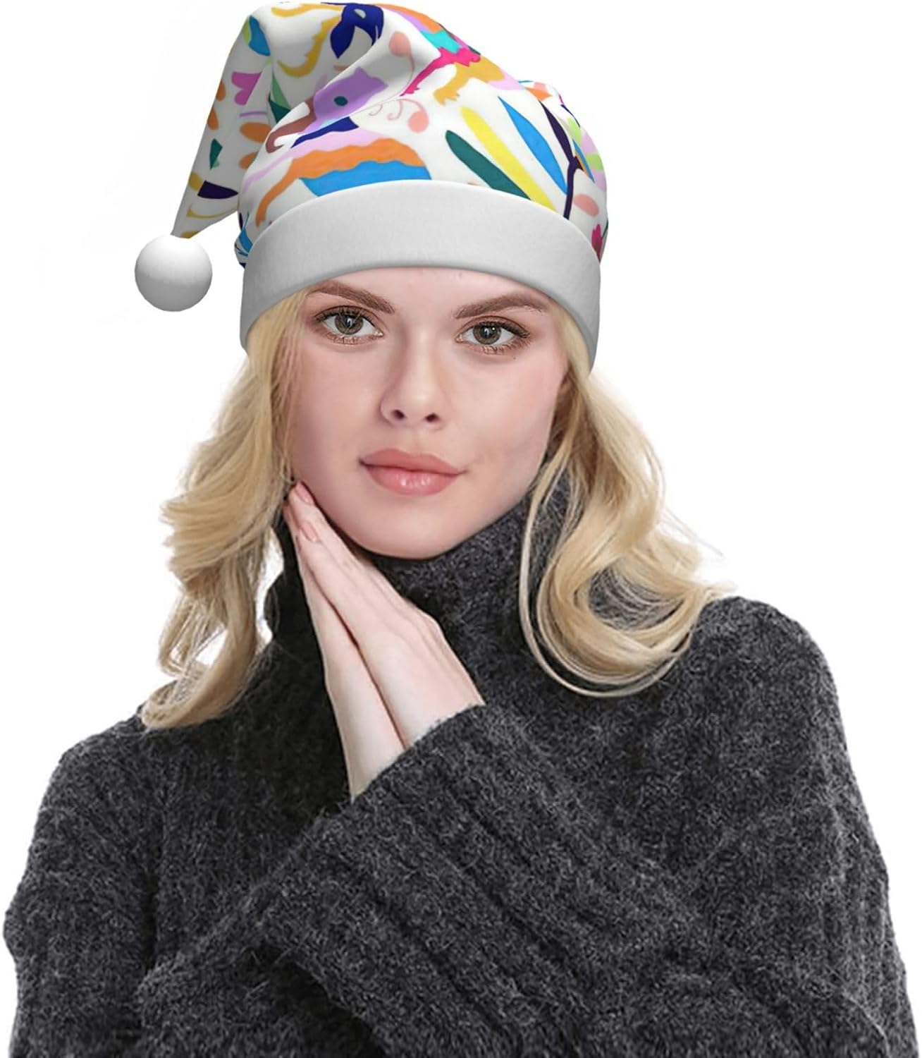 QINZHENG Personalized Santa Hat with Mexican Otomi Animals Print
